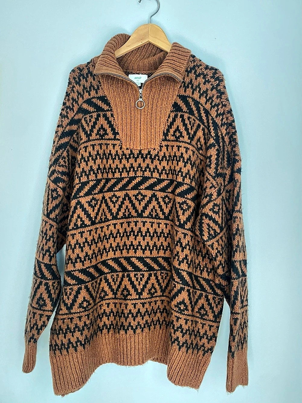 Aerie Cozy Oversized Sweater - Retro Geometric Quarter-Zip Pull Over Top NWT